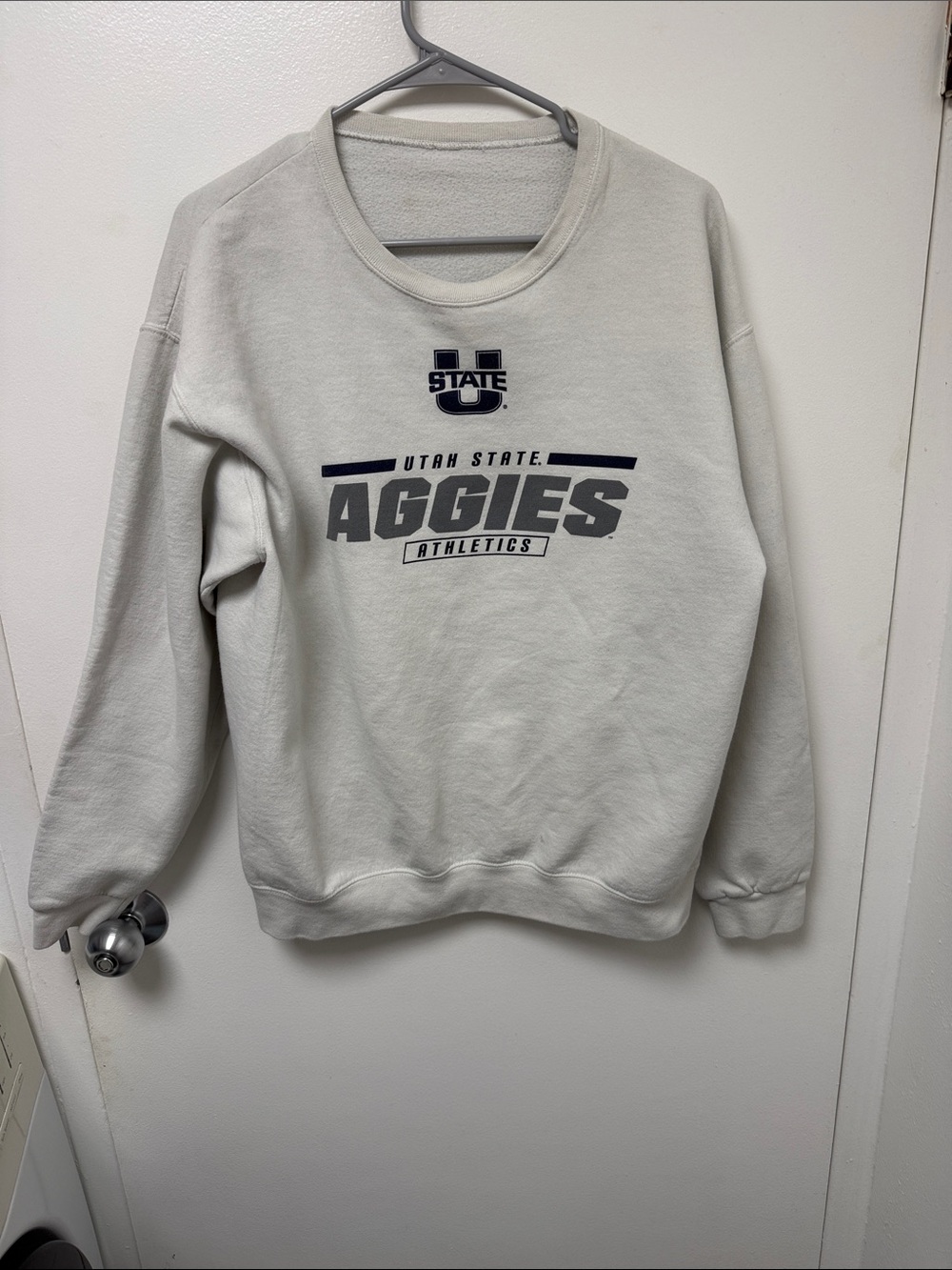 Utah State Aggies Athletics Crewneck Sweatshirt - Light Gray with Navy Logo